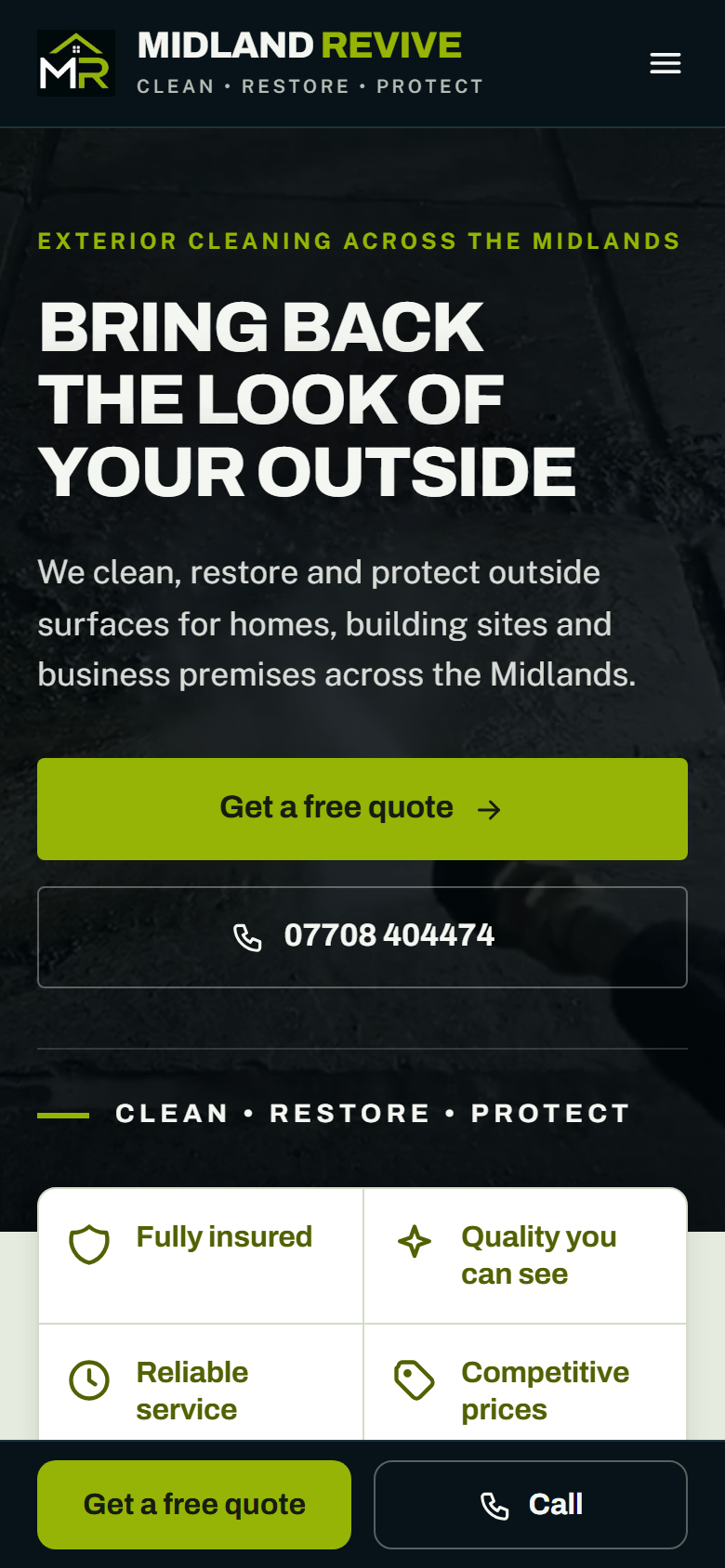 Midland Revive homepage, mobile view