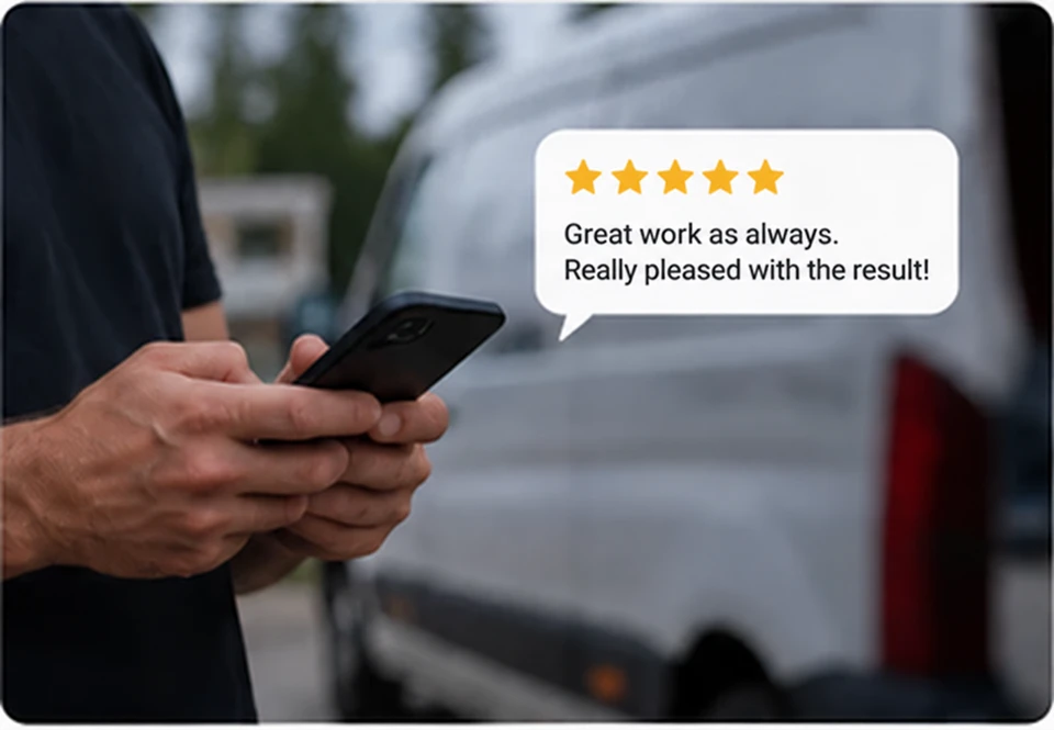 Illustrative customer moment: a person holds a phone beside a van, with a five-star positive review bubble.