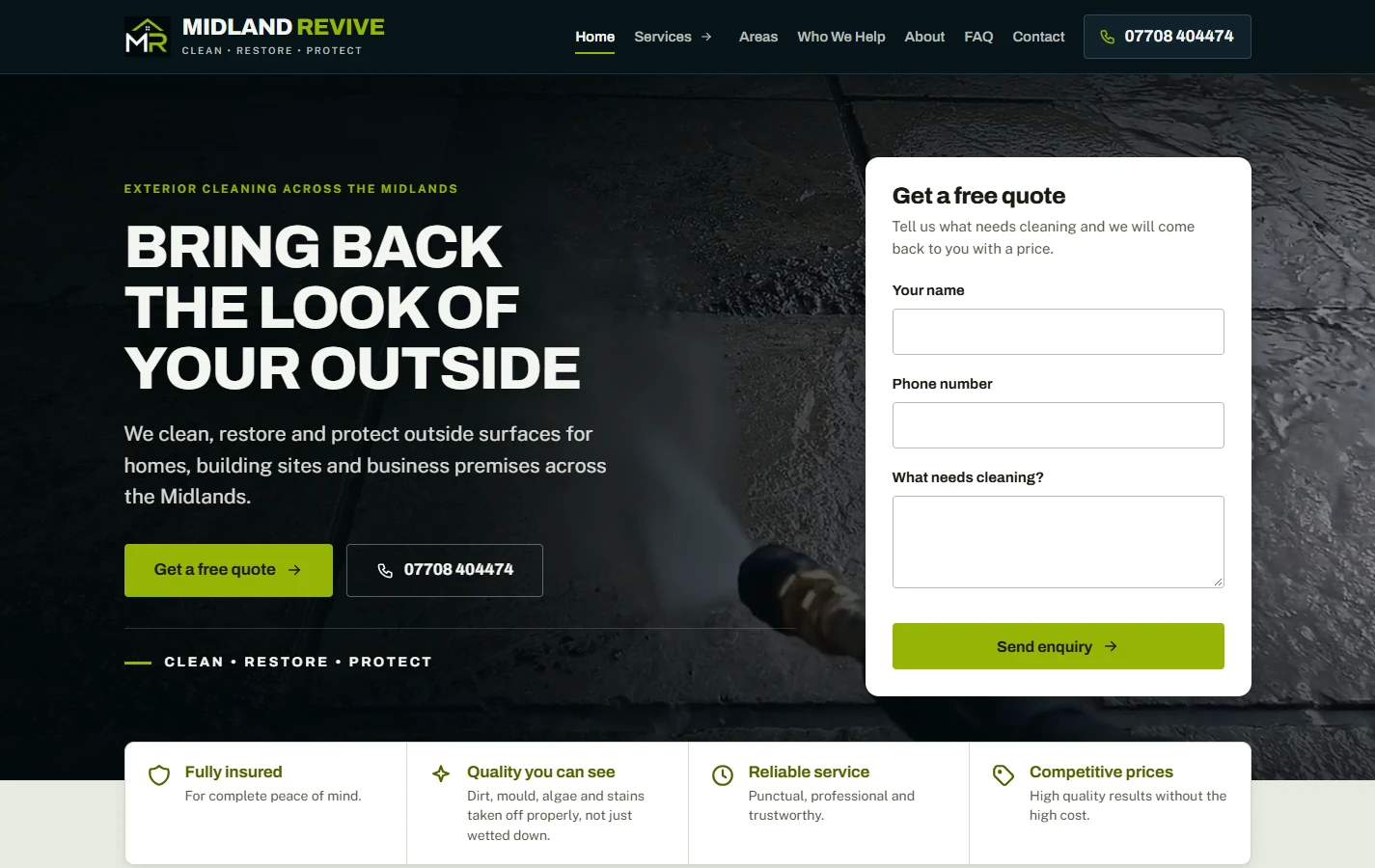 Midland Revive website with clear services and an enquiry form